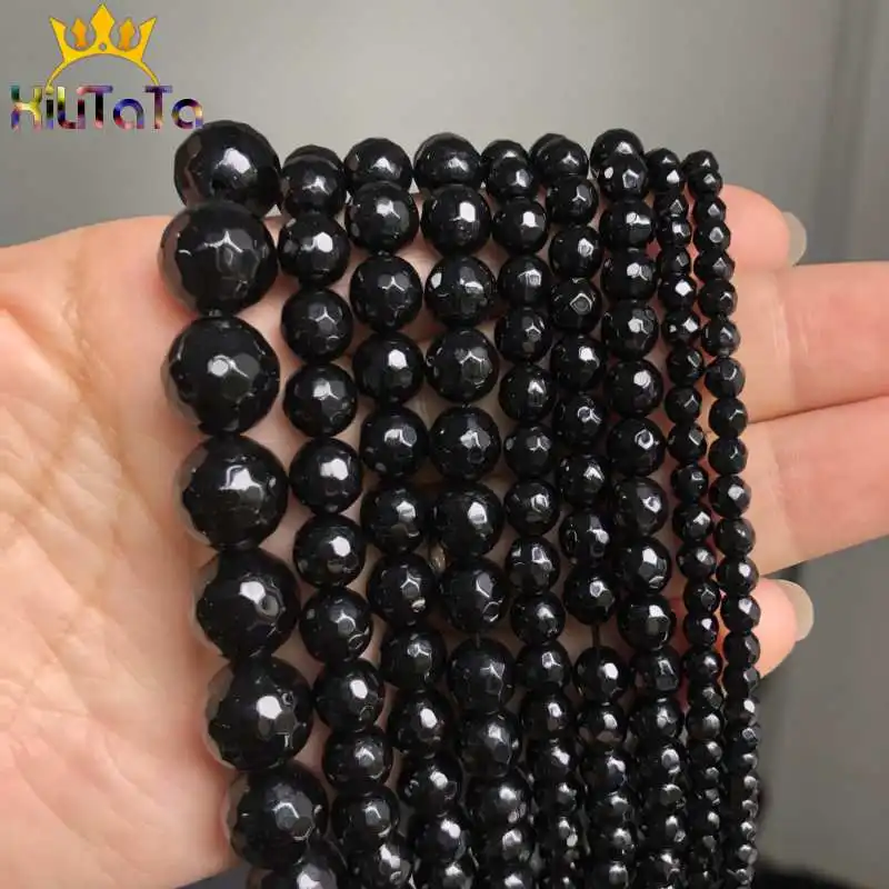 Natural Faceted Black Agates Onyx Stone Beads Round Loose Spacer Beads For Jewelry Making DIY Bracelet 15'' Strand 4/6/8/10/12mm