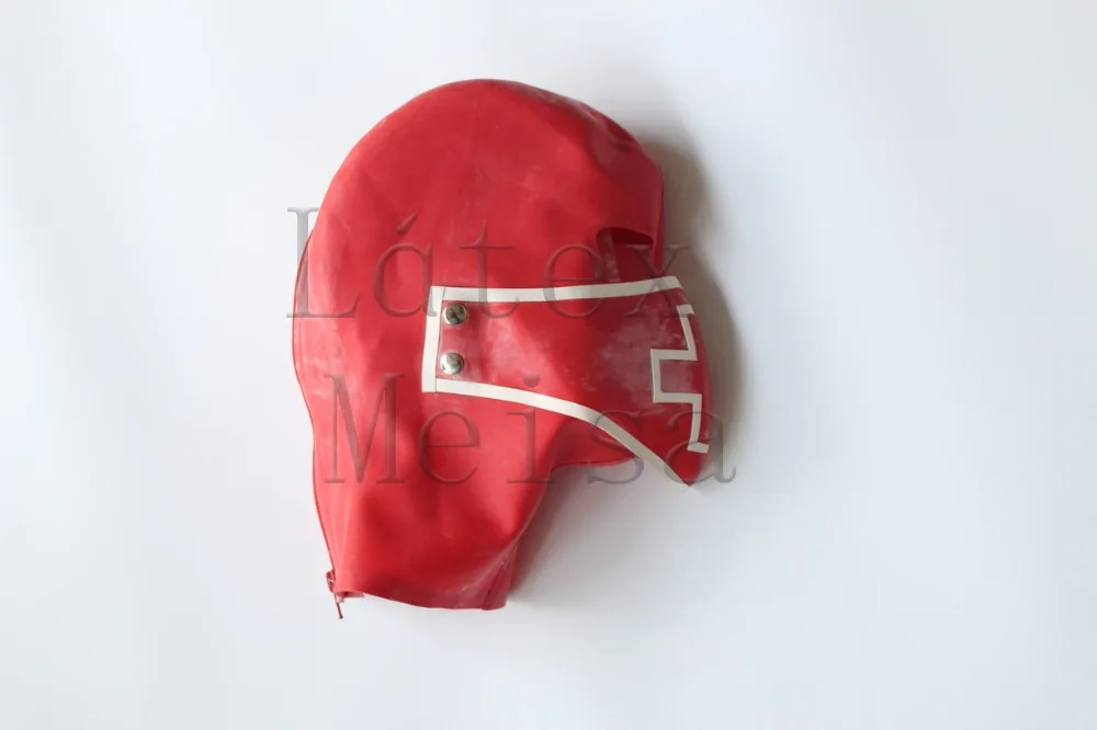 0.6mm Heavy uniform latex hoods adult rubber masks attached in buttoned masks in red color and white trim colors