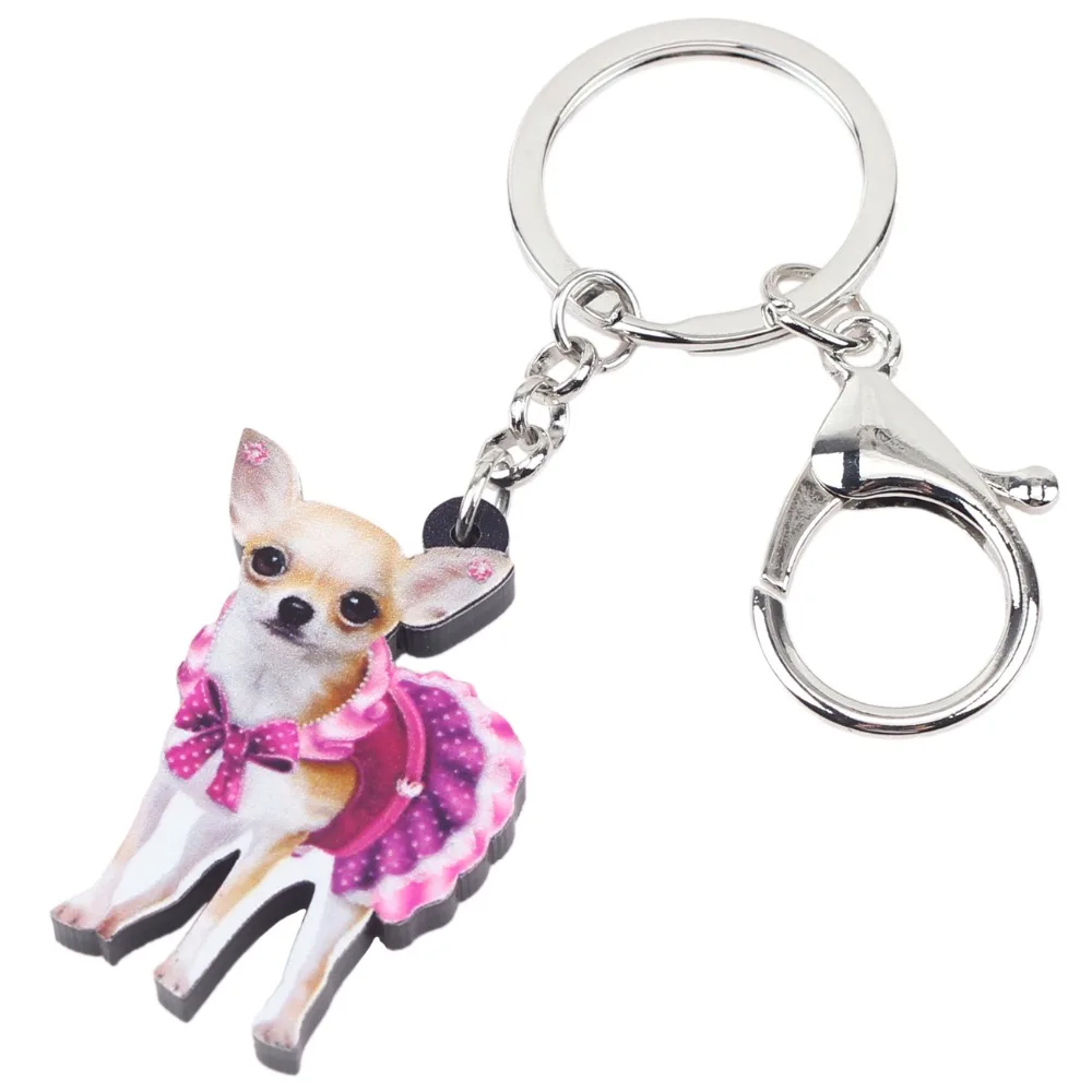 Bonsny Acrylic Cute Pink Dress Chihuahua Dog Key Chains Keychain Rings Animal Jewelry For Women Girl Ladies Handbag Car Charms