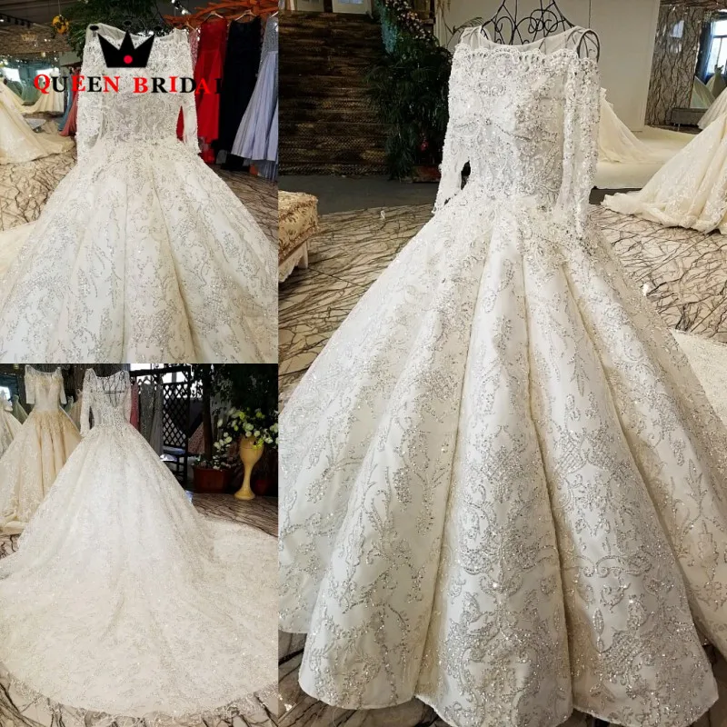 

New 2021 robe de mariee Ball Gown Full Sleeves Beaded Crystal vestido de noiva QUEEN BRIDAL Long Train Wedding Dresses WD105