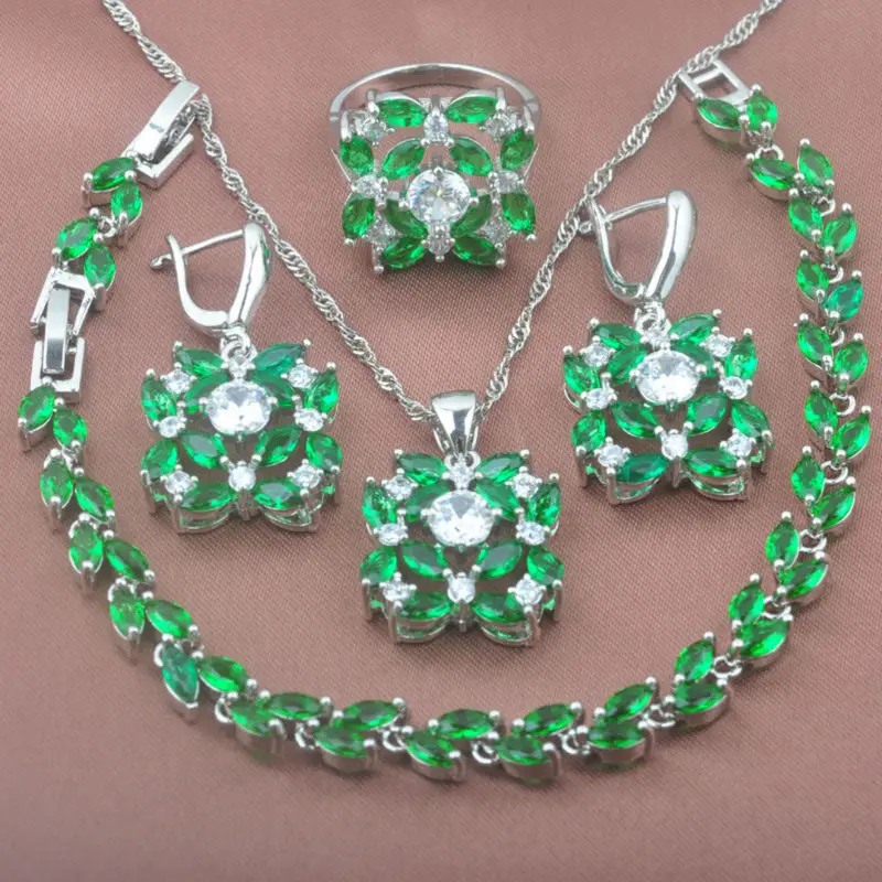

925 Silver Jewelry Sets With Bracelet Women's Green Zirconia Necklace Pendant Earrings Ring Wedding Jewelry YZ0360
