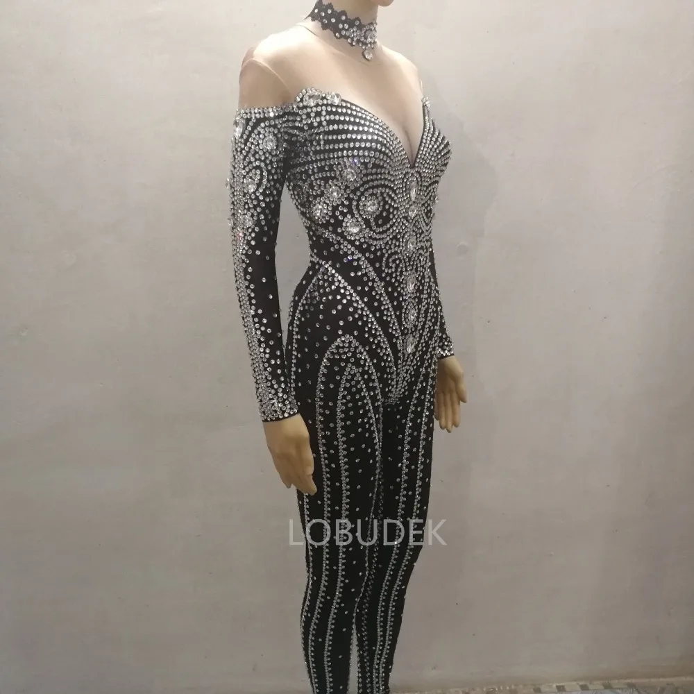 Black Rhinestones Women Jumpsuit Luxury Birthday Party Evening Celebrate Stage Costume Bar Singer Concert Performance Clothes