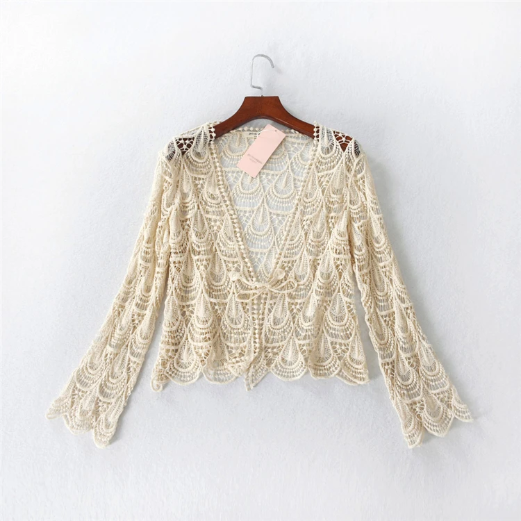 

Transparent cut-out flowers hooked short lace cardigan flare sleeve long sleeve belt top shirt summer for women