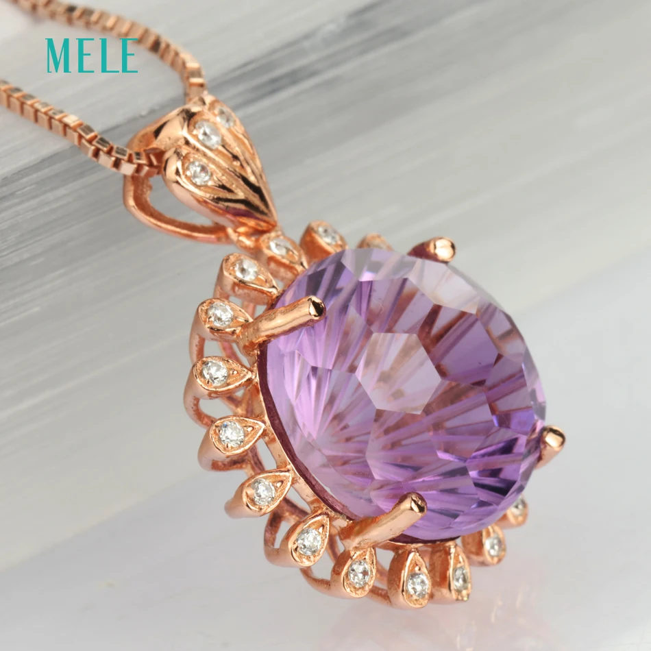 MELE Natural deep amethyst silver pendant, round 12mm, firework cutting craftsman, best choice for gift