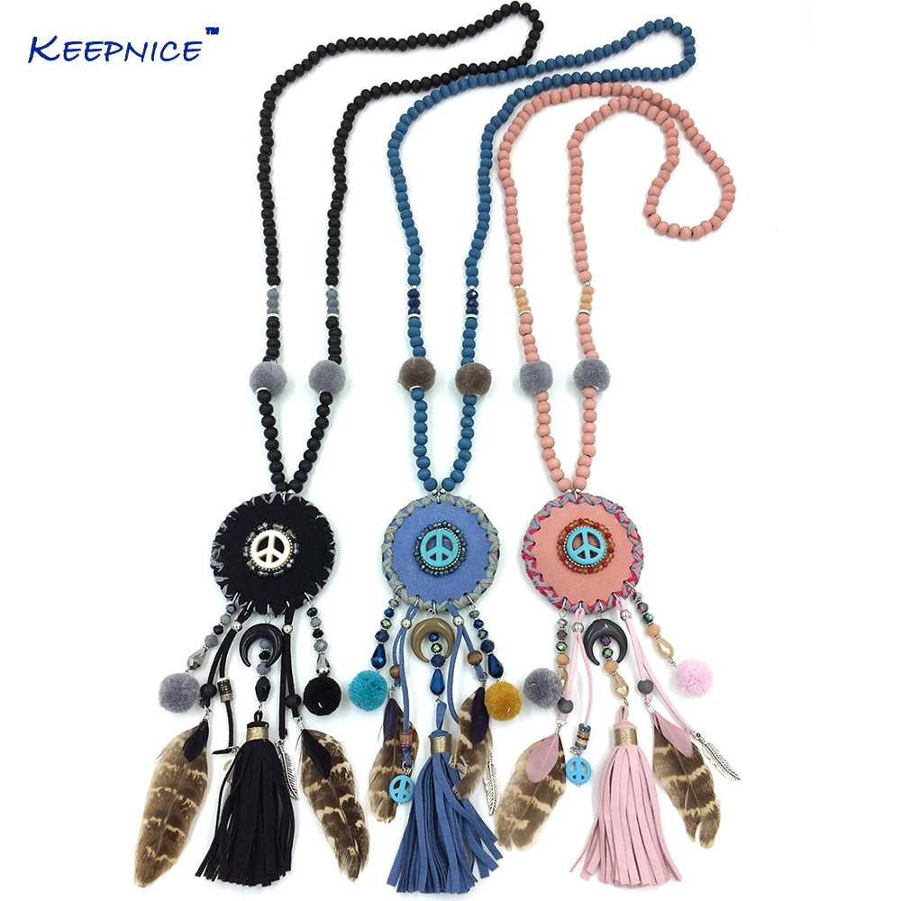 Womens clothing accessories Bohemia multicolor beads illusionist locket pendents necklace feather peace mark pendents necklace