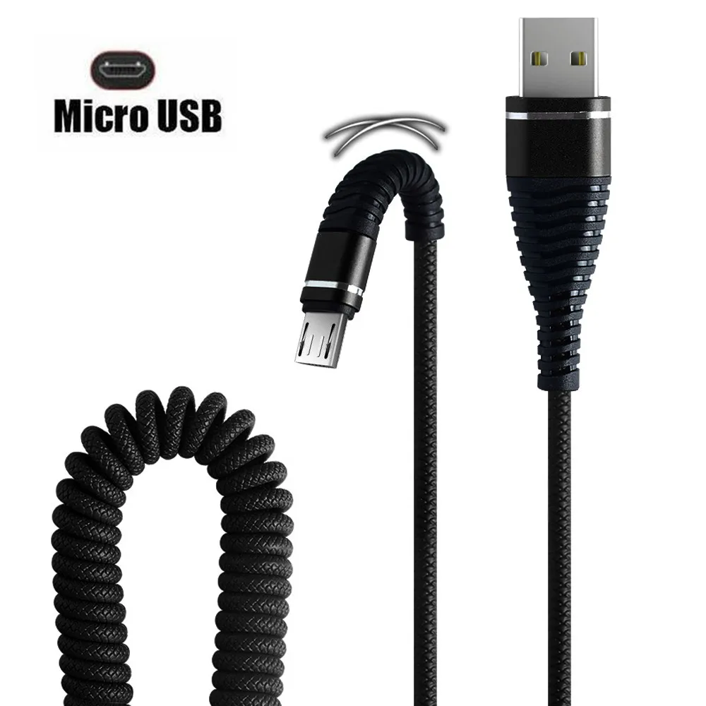 Flexible Retractable Spring Micro USB Cable, Data Sync Charging Spring Cable, Samsung, Xiaomi, Redmi, Huawei Mobile Phone Cable