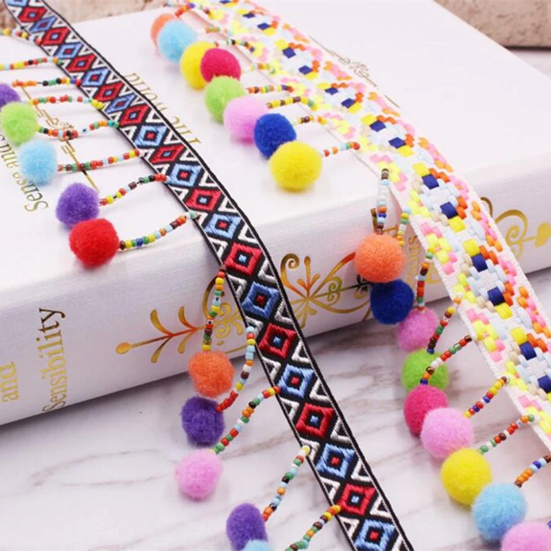 Beads Tassel Lace Trim Bohemian Style Ribbon Pompom Trim Sewing On Clothes Shoes Bag Gift Crafts Accessories Fringe Braid Ribbon