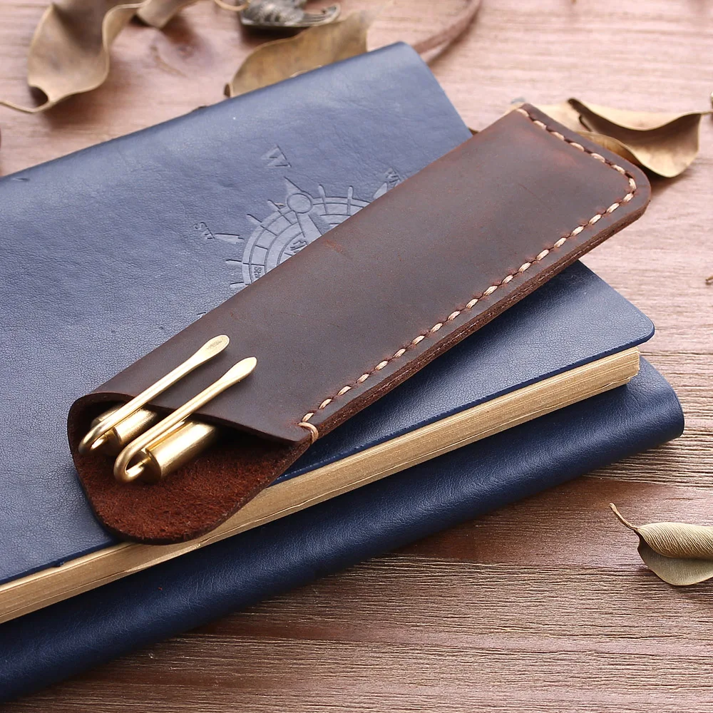 Personalise Handmade Genuine Leather Fountain Double Pen Bag Soft Pencil Protective Sleeve Cover