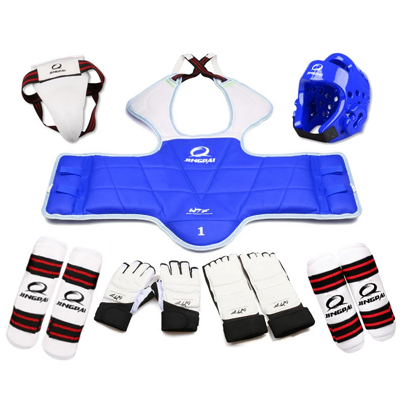 

New Adult kids taekwondo thickening wtf taekwondo protection 8pcs taekwondo protector chest protector karate helmet