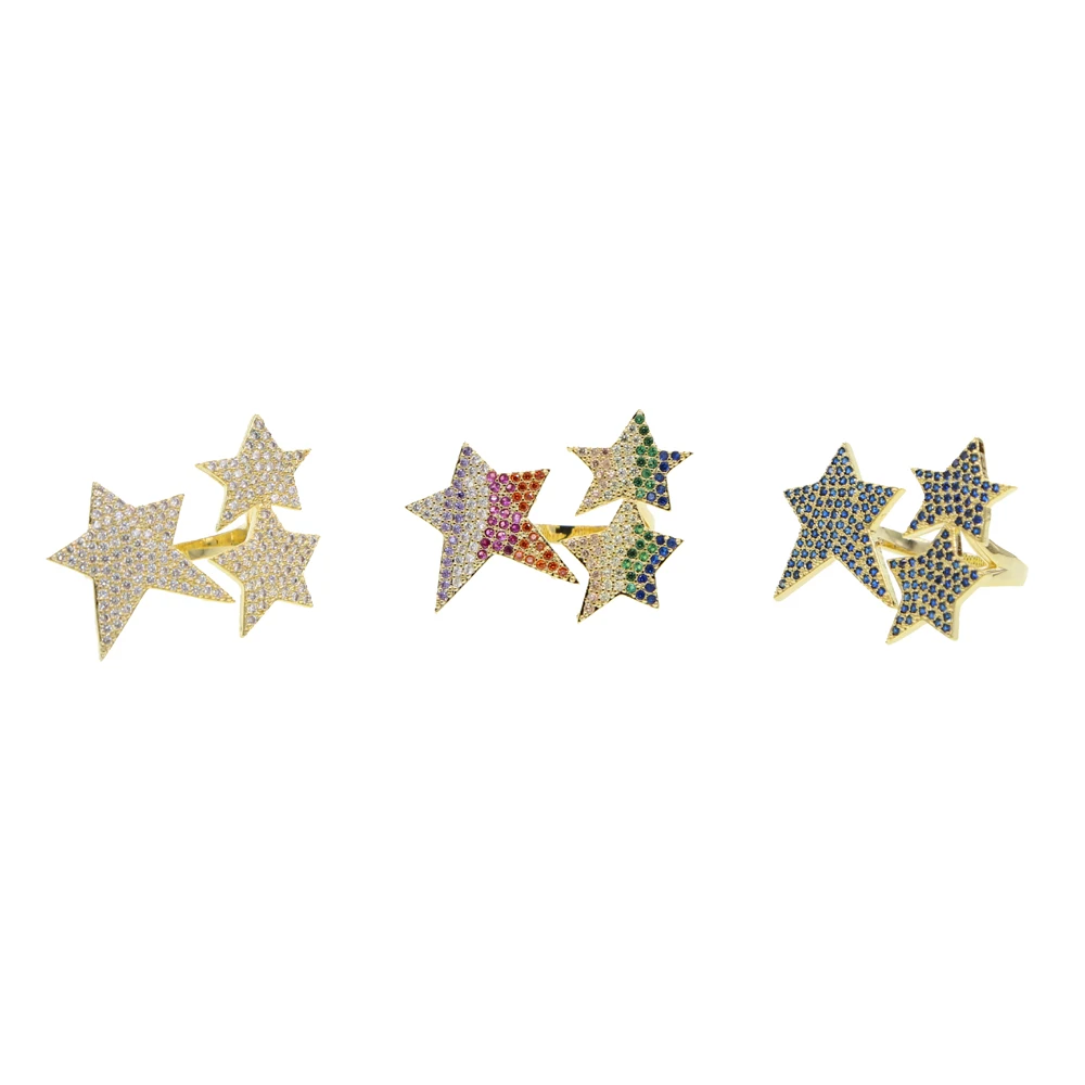 adjustable size Hip Hop Five Star Rings woMen\'s Gold Silver Color multicolored Cubic Zircon Jewelry Ring Gifts