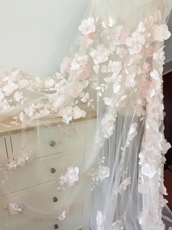 Tessuto di pizzo di Tulle fiore pieno 3D in Blush, abito da sposa abito da sposa abito da ballo in tessuto tagliato a misura