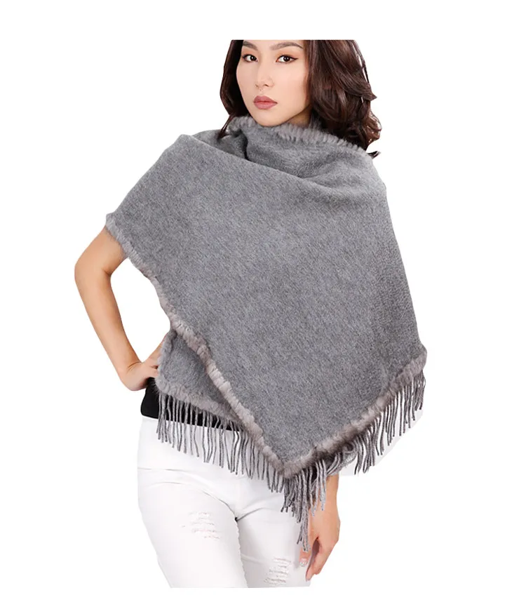 luxury fur poncho women spring autumn winter natural mink fur trim 100% pure cashmere gray double color S25