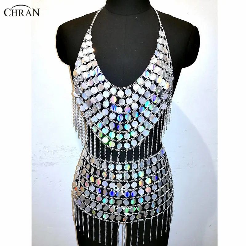 

Chran Holographic Iridescent Sequin Chainmail Bralette Body Harness Necklace Festival Bra Crop Top Burning Man Wear Sexy Skirt