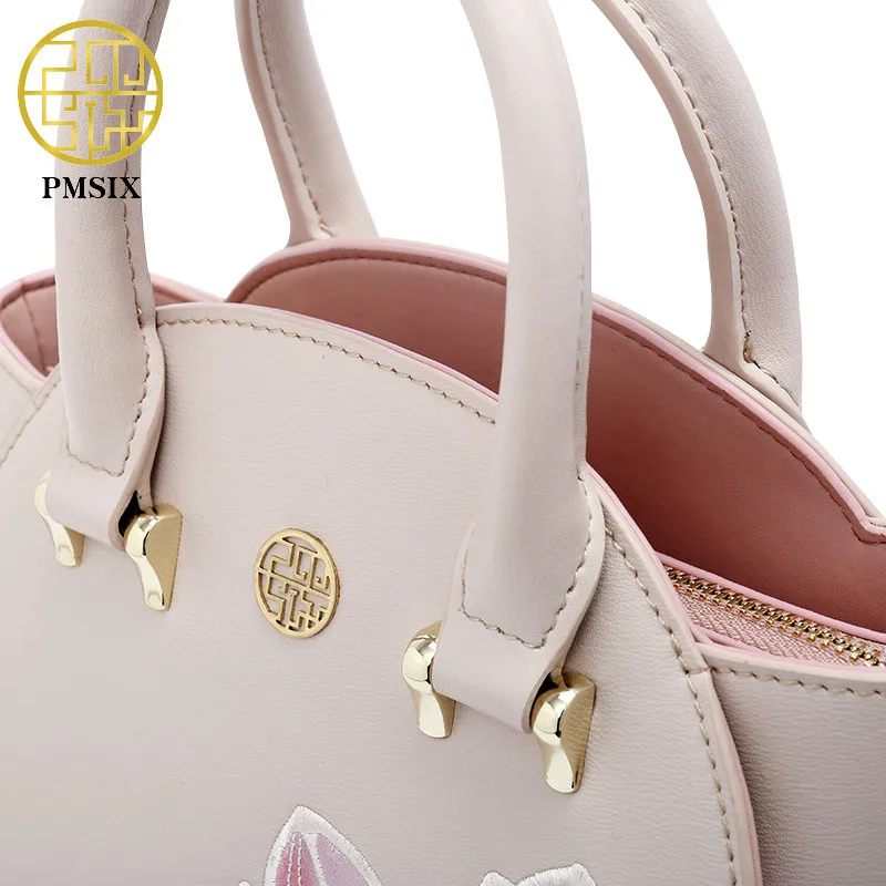 Pmsix Embroidered Lotus Pattern Cow Leather Woman Handbag High Quality Famous Brand Ladies Shoulder Bag Fashion Crossbody Bags