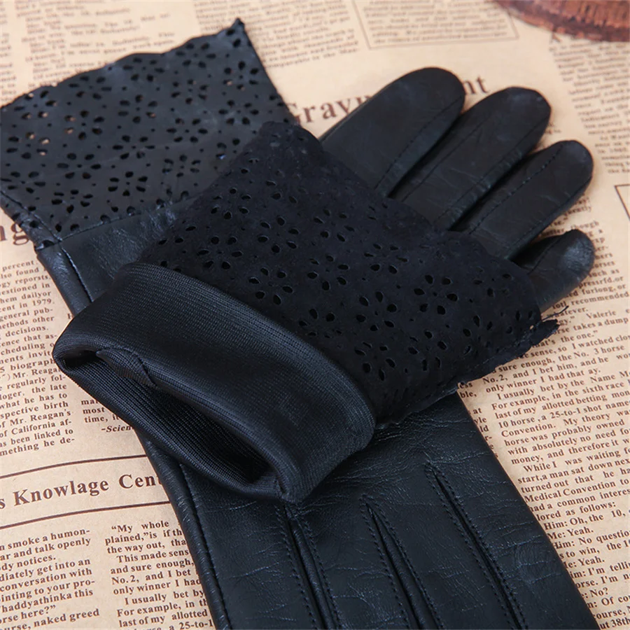 New Hot Ladies Genuine Leather Gloves Warm Winter Driving Sheepskin Mittens Black Thin Lining Silk Lining 4-5