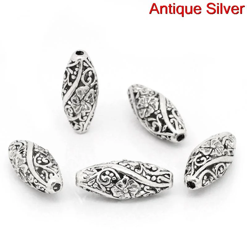 Doreen Box hot- Spacer Beads Oval Silver Color Flower Pattern Carved Hollow 26mm x 11mm,Hole:Approx 1.9mm,10PCs (B31020)