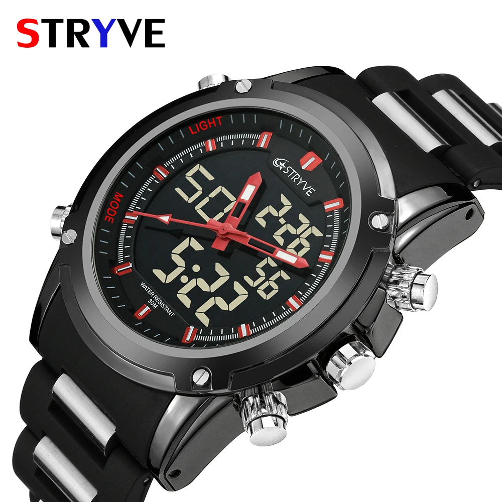 Top Men Watches Luxury Brand Stryve Quartz LED Dual Time Clock Sports Waterproof Men Army Military Wrist Watch Relogio Masculino