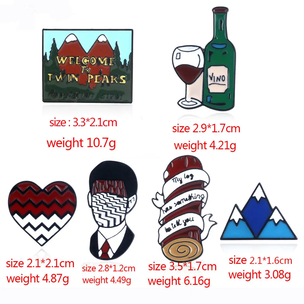 RJ Twin Peaks Heart Shape Brooches Dale Cooper Fire Walk With Me Red Wine Bottle Cup Lapel Enamel Pins Women Men Bag Shirt Gift