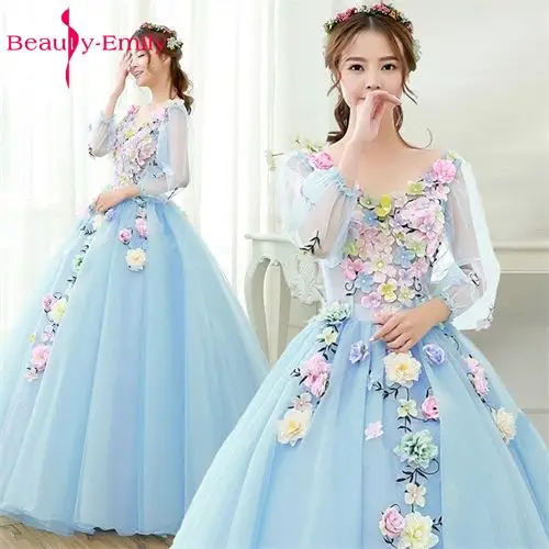 Beauty Emily-Vestido largo azul claro para baile de quinceañera, ropa de princesa para niña, cuello en V, manga corta, con cordones, 2020