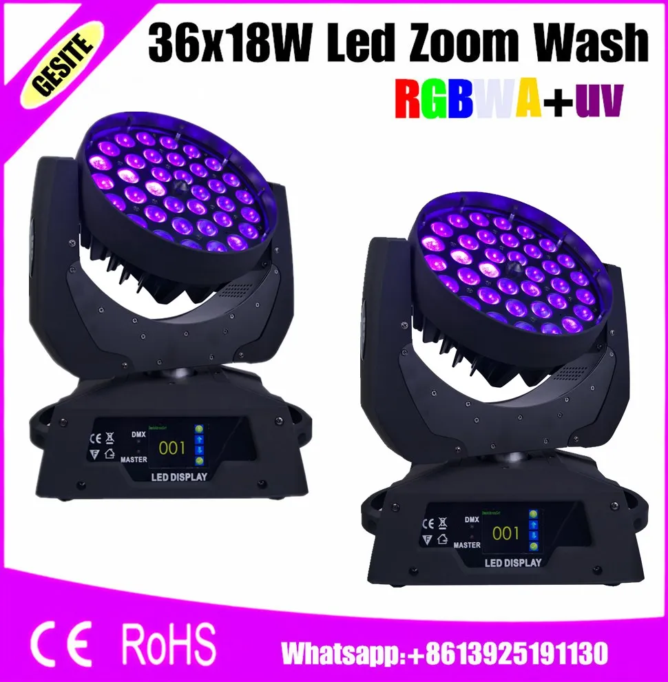 

2pcs/lot led zoom 36x18w with RGBWAUV dmx 512 19 channels for dj disco ZOOM washing lyre light