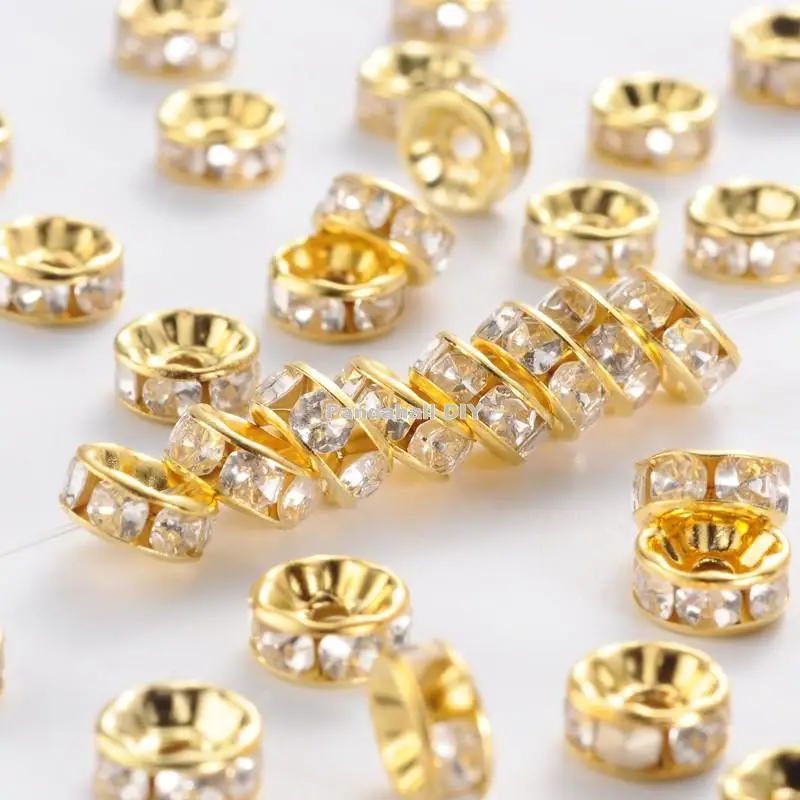 500pcs Grade B 6mm 8mm Rondelle Iron Clear Rhinestone Spacer Beads for jewelry making Straight Edge Golden/Silver color