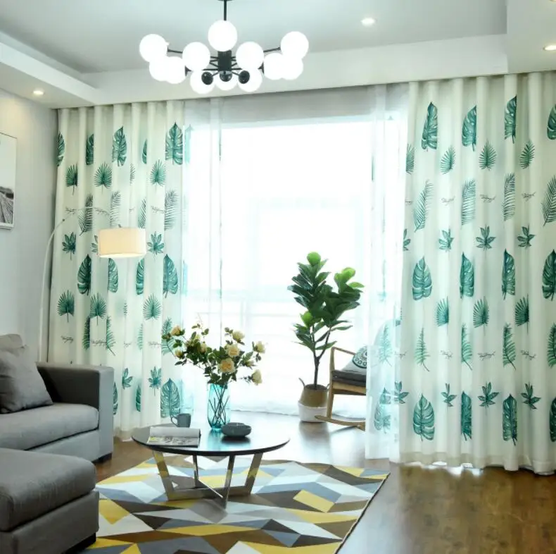 INS Palm Printed Blackout Curtains for Living Room Green Leaves Palm Tree Tulle Veil Liner Cortinas Bedroom Window Treatments