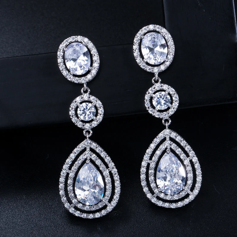 CWWZircons American Water Drop Cubic Zirconia Pave Long Dark Blue Bridal Wedding Earings For Brides Jewelry Accessories CZ209