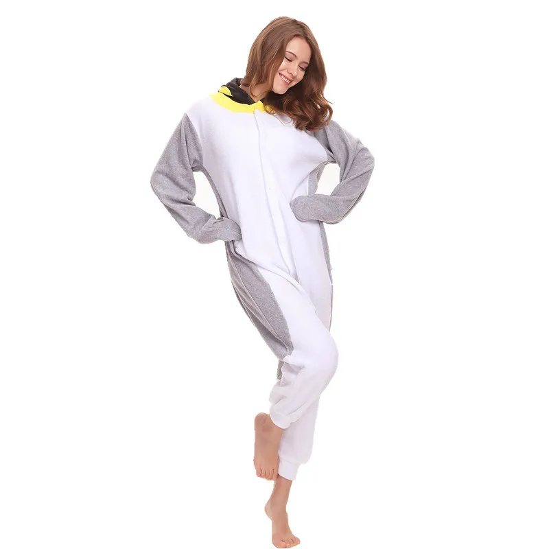 Polar Fleece Kigurumi Gray Penguin Costume For Adult Women Men's Onesies Pajamas for Halloween Carnival Party