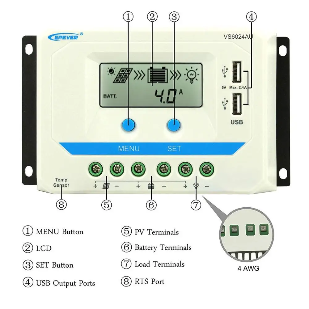 EPever 60A 45A 30A 20A 10A Solar Charger Controller 12V 24V Auto Backlight LCD Solar Panel Regulator Dual USB ViewStar-AU Series