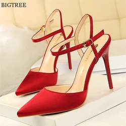 Thin Heels Concise Women Sandals 2022 New Fashion Buckle Shallow Women's High Heels Shoes Solid Silk Pointed Toe Dress Sandals