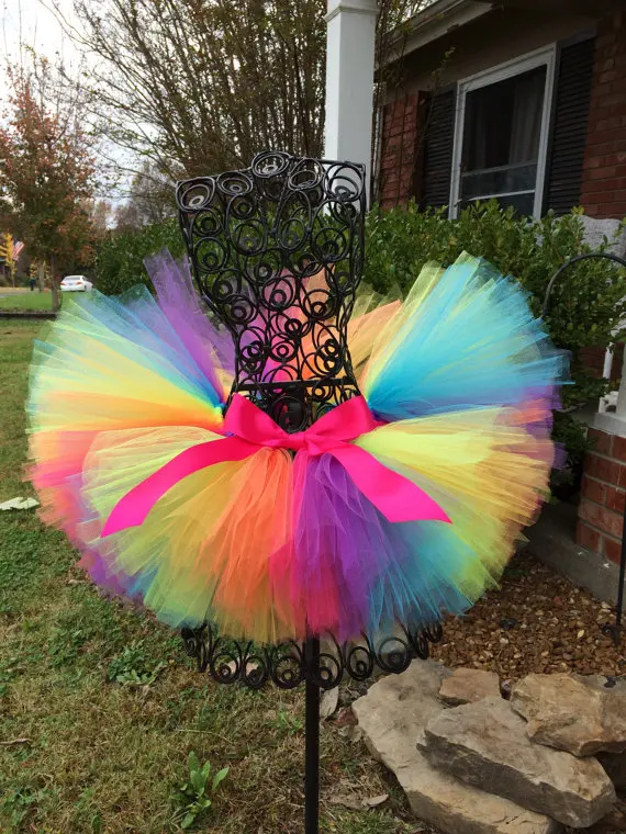 Rainbow Tutu Skirt Baby Girls Handmade Tulle Skirts Ballet Dance Pettiskirts Tutus with Pink Ribbon Bow Kids Party Costume Skirt