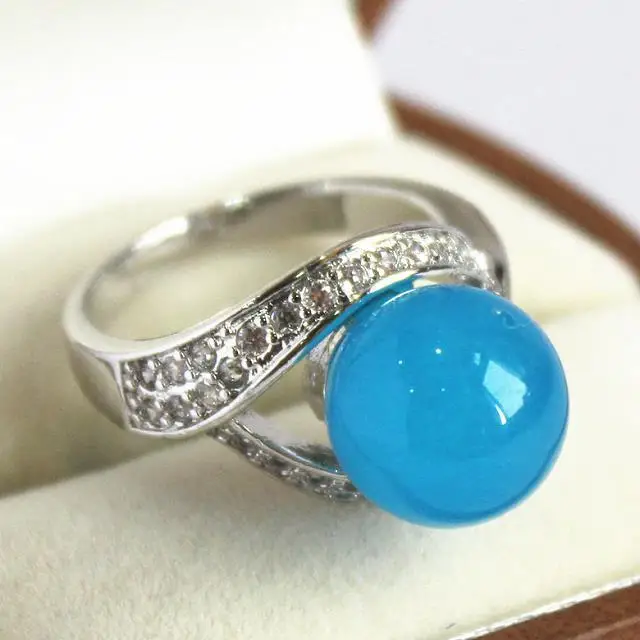 elegant lady's silver plated with crystal decorated &12mm blue jade ring(#7 8 9 10)