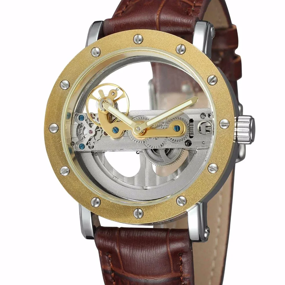 New Luxury Transparent Tourbilion Dial Golden Case Skeleton Steampunk Automatic Self Wind Mechanical Mens Watch Brown Leather