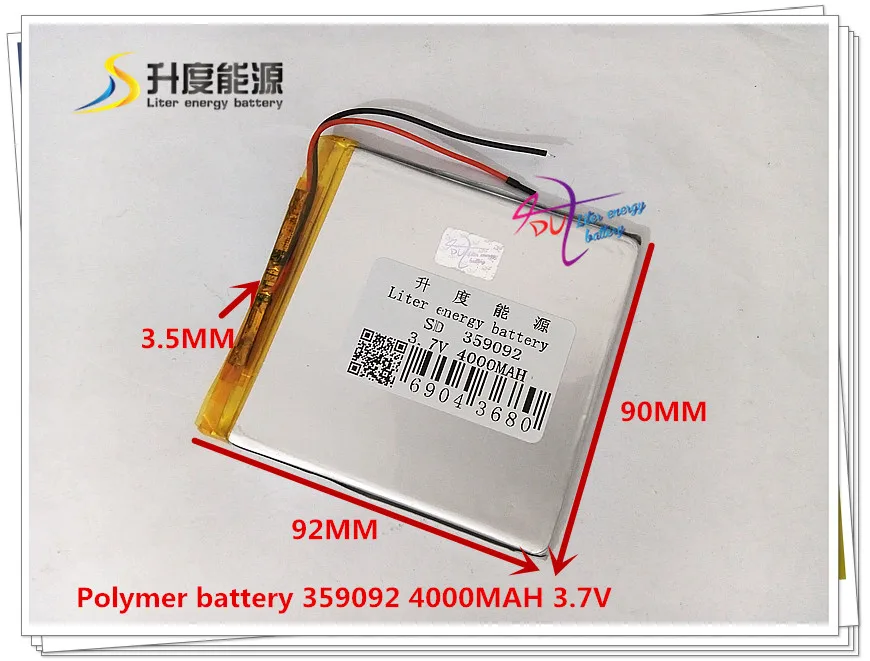 3.7V 4000mAH 359092 polymer lithium ion / Li-ion battery for POWER BANK GPS mp3 mp4 MOBILE cell phone TABLET PC