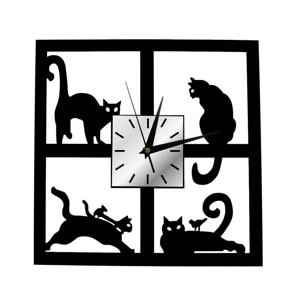 Adorable Cats in the Window Wall Clock Four Cats Decorative Wall Watch 3D Black Kitten Slient Quartz Clock Home Decor Cat Gifts