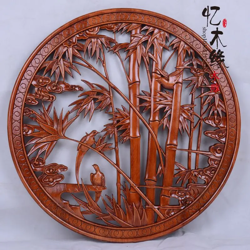 

Dongyang woodcarving style living room decoration background wall ornaments hanging round wood wood hanging A family letter repo