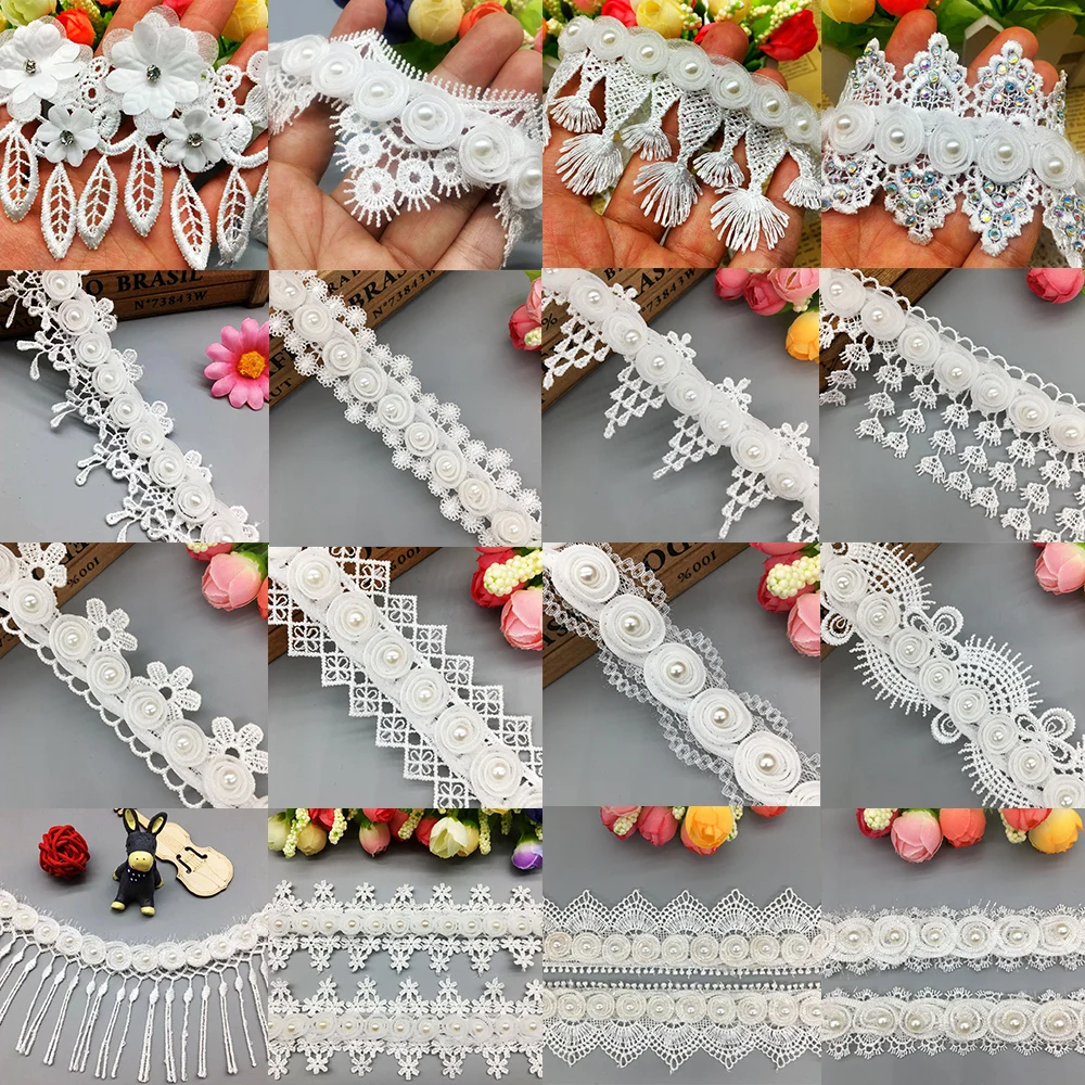 1 Yd Vintage Flower Pearl Tassel Lace Trim Wedding Clothes Guipure Embroidered Ribbon Applique Sewing Craft Laces for Dress