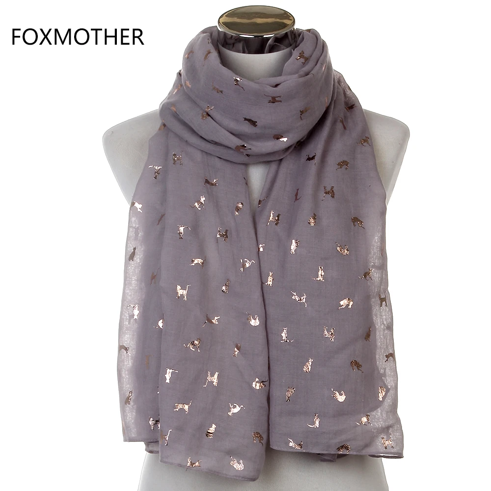 FOXMOTHER Scarf Women Scarves Luxury Shiny White Navy Yellow Bronzing Foil Gold Cat Scarf Shawl Hijab Neck Head Scarves Ladies