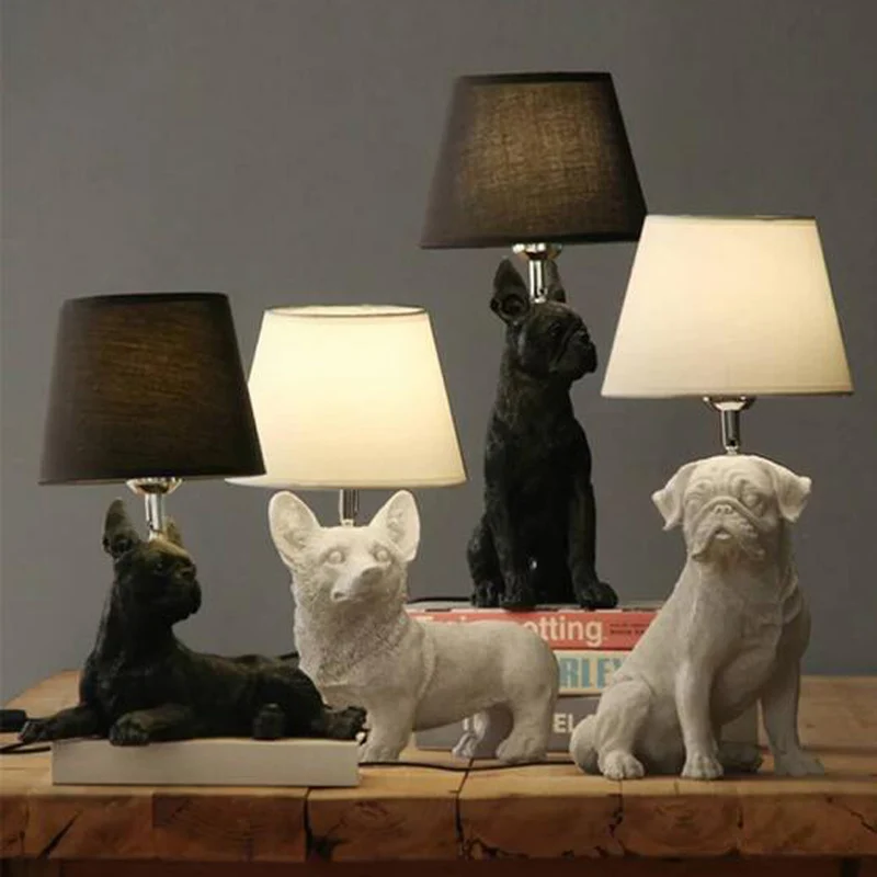 Żywica uroczy pies lampa stołowa s lampka nocna Corgi Boston mops Beagle pies lampa biurkowa Retro czarne z motywem zwierzęcej biały pies lampa stołowa