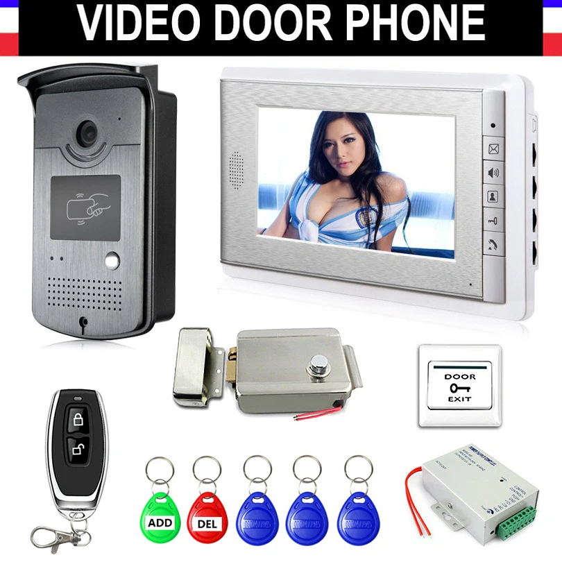 

7" Screen Video Door Phone Doorbell Intercom System with Electric Lock+Remote Control + Power Supply+ Door Exit+ ID Keyfobs