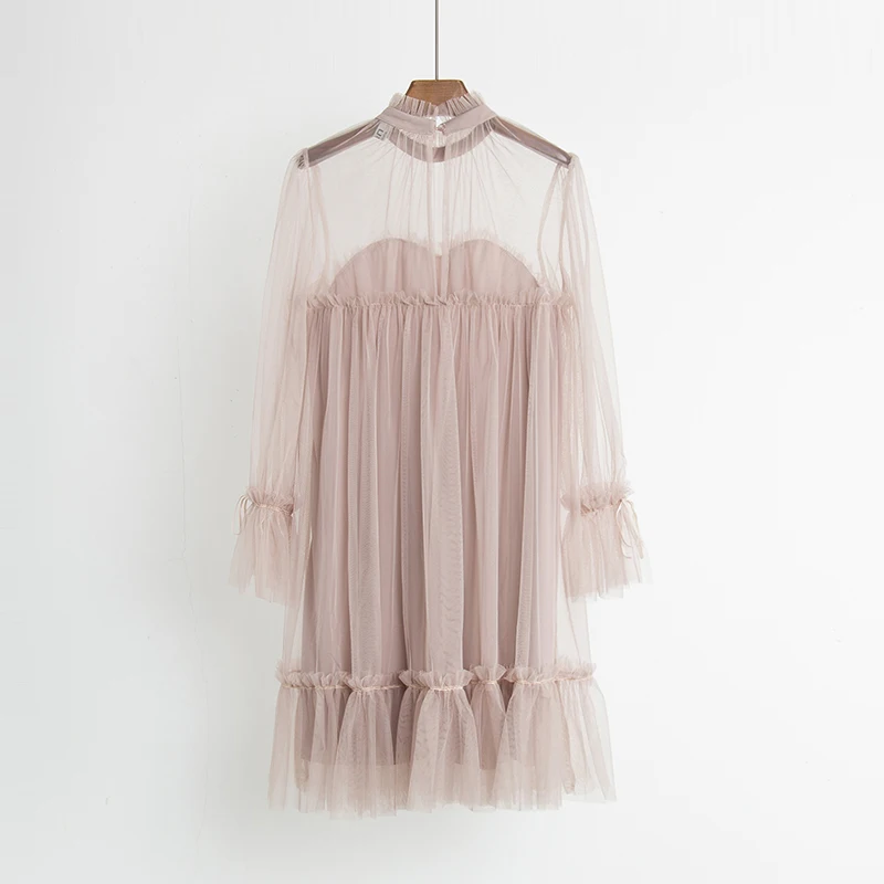 2024 spring autumn new female o-neck flare sleeve gauze ruffles hem loose pleated dress women's elegant doll mesh dresses