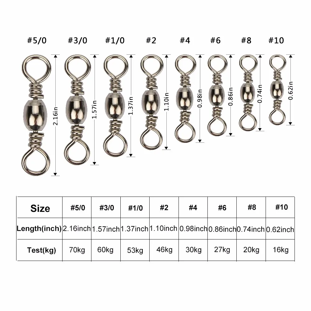 Goture 200pcs Barrel Fishing Swivel Size 10 8 6 4 2 1/0 3/0 5/0 Fishing Hook Lure Connector Rolling Swivels Pins All for Fishing