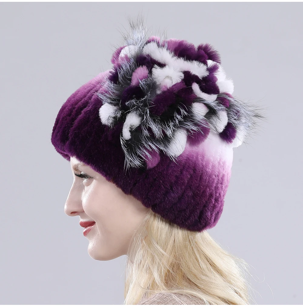 Neue Russische Damen Echt Rex-Kaninchenfell Mützen Luxuriöse Gestrickte Blumen Echte Rex-Kaninchenfell Kappe Winter Echt-Fell Beanie Mütze – Detail 39