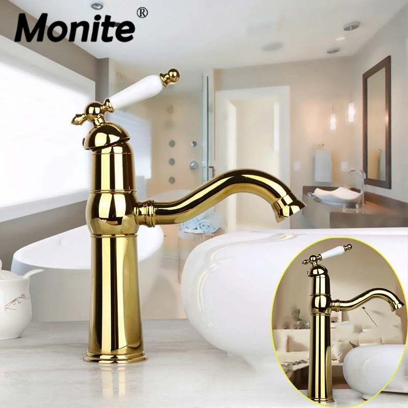 New Gold Plated Tall Bathroom Basin Sink Faucet White Ceramic Single Handle Swivel Rotated Stream Kitchen Faucet Mixer Tap