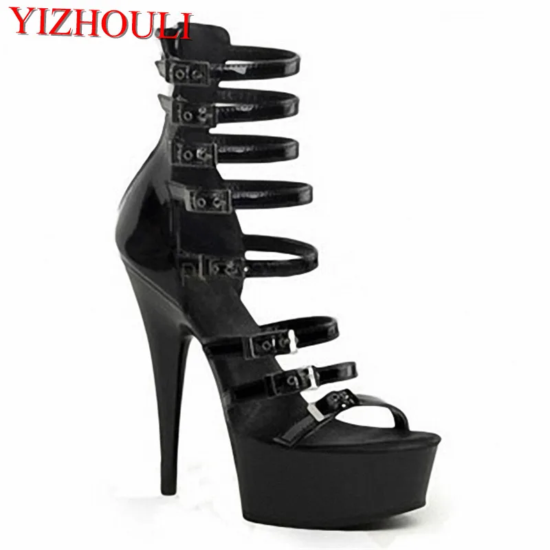 Black buckled summer heels, 15-centimeter pole dancing sandals, 6-inch dancer nightclub runway sandals