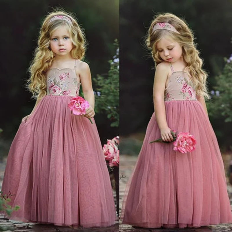 

2019 New Princess Dress Kids Girl Pink Lace Flower Strappy Dress Maxi Long Princess Party Children Summer Ball Gown Formal Dress