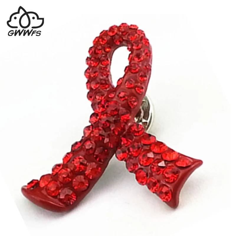 The Red Ribbon Brooches For World AIDS Day Rhinestones Silver Color Zinc Alloy Men Women Brooch Pins International Symbol Of HIV