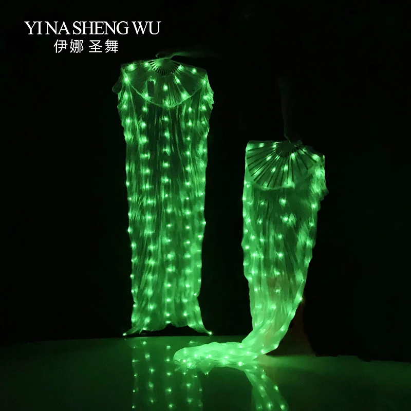 Abanicos LED de seda para danza del vientre, accesorios de rendimiento para danza del vientre, color blanco arcoíris, mano izquierda + derecha, 1 par