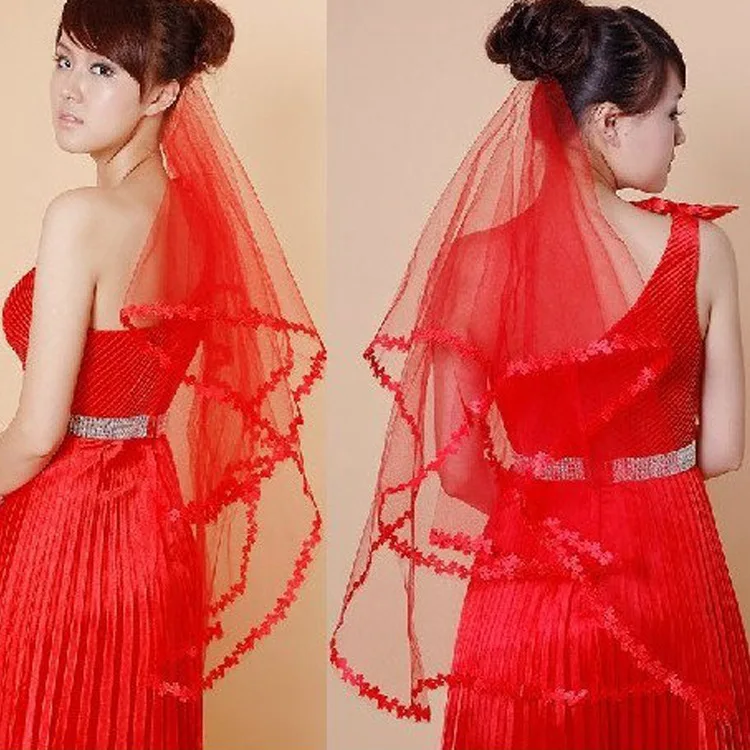 new red Short Wedding Bridal veil elbow Length Edge Bride Veils