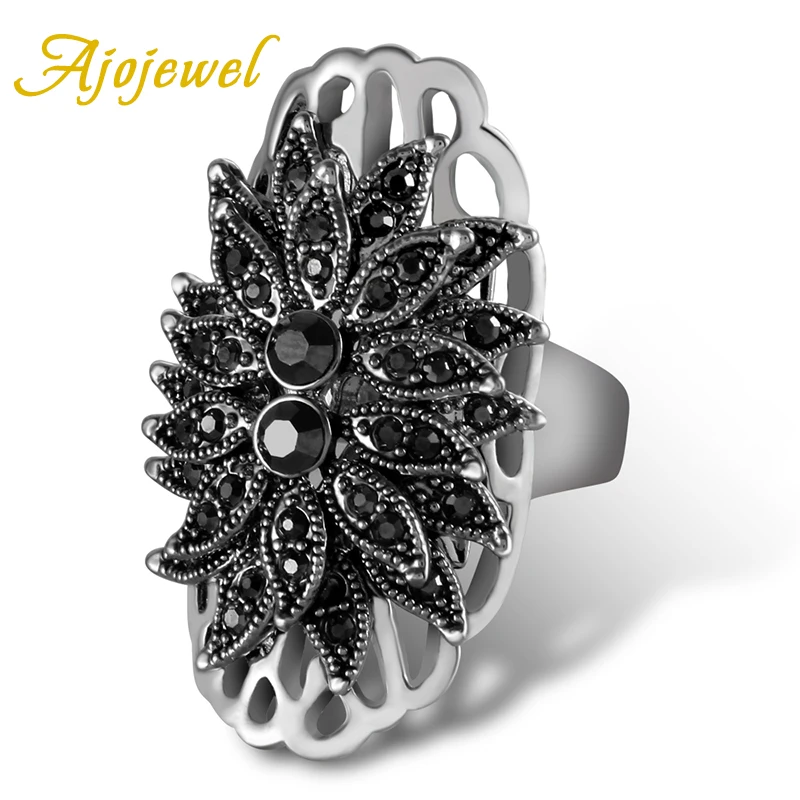 Ajojewel Vintage Style Exaggerated Big Ring Women Unique Black Crystal Rhinestone Flower  Jewelry Rings